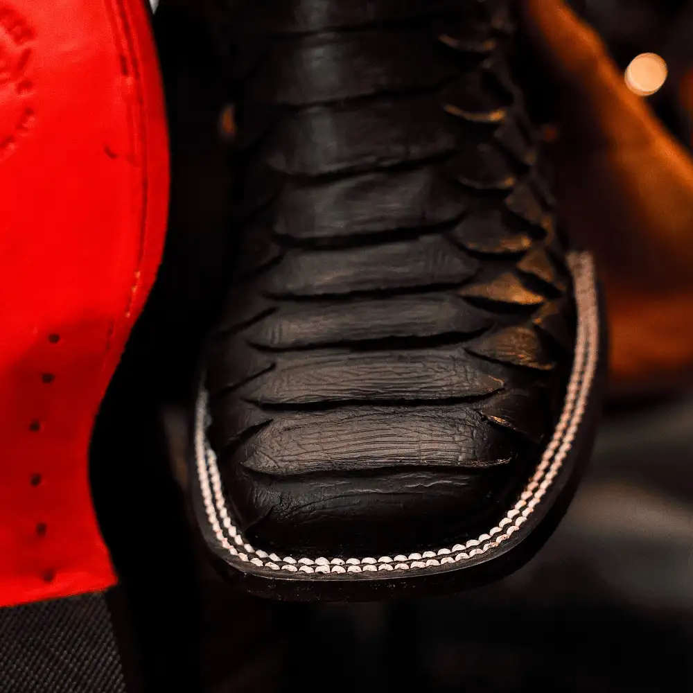 Matte Black Jumbo Python Leather Boots - Square Toe