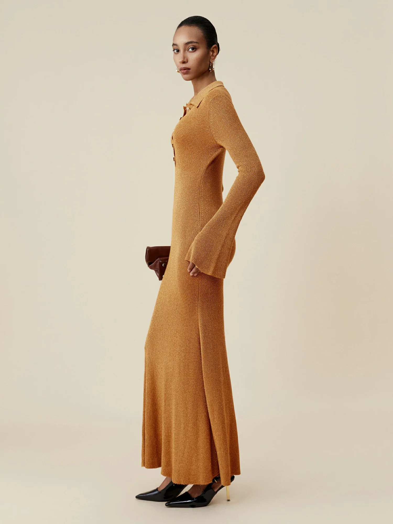 Lapel Long Sleeve Fish Tail Gold Yarn Dress