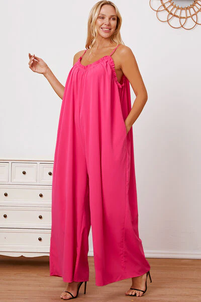 Full Size Ruffle Trim Tie Back Cami Jumpsuit with Pockets