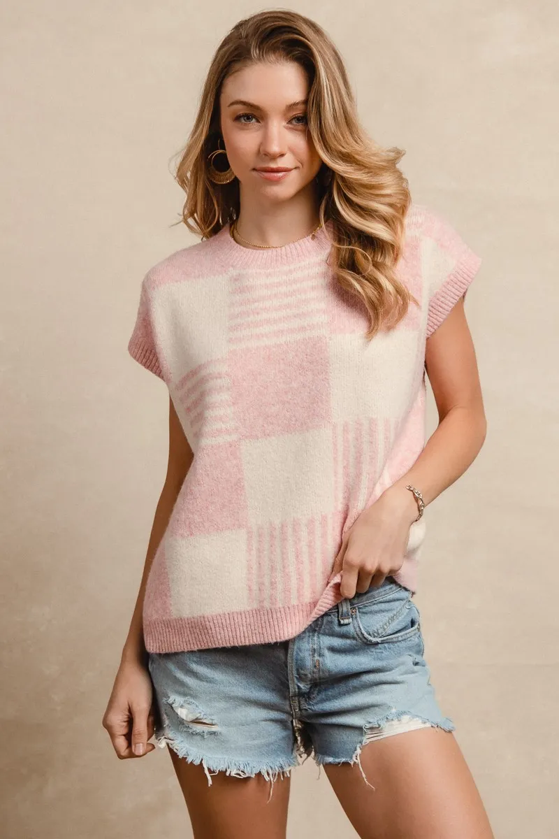 Checker With Stripes Pattern Sleeveless Sweater