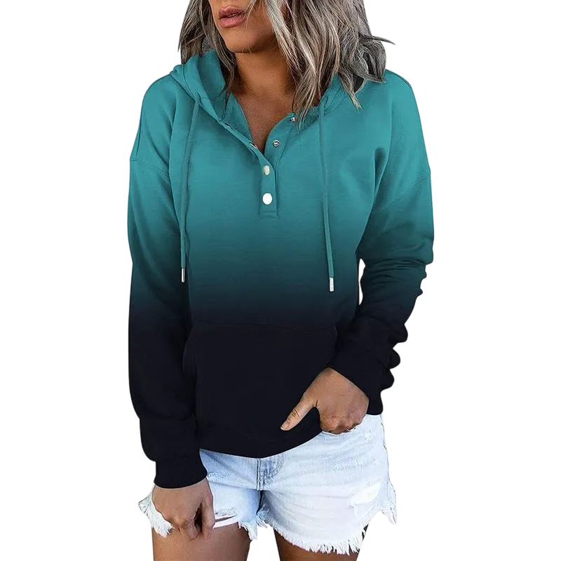 Womens Hooded Button Collar Drawstring Hoodies Pullover Sweatshirts