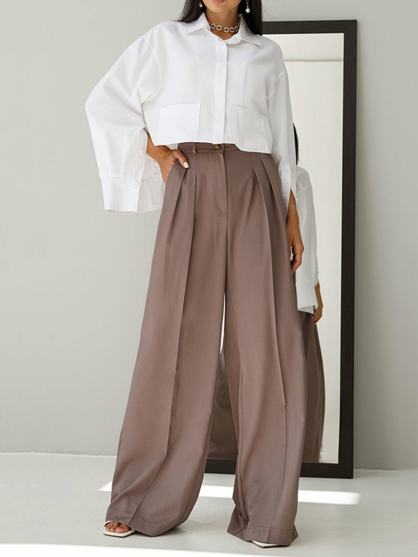 High Waisted Loose Pleated Solid Color Split-Joint Suit Pants Trousers