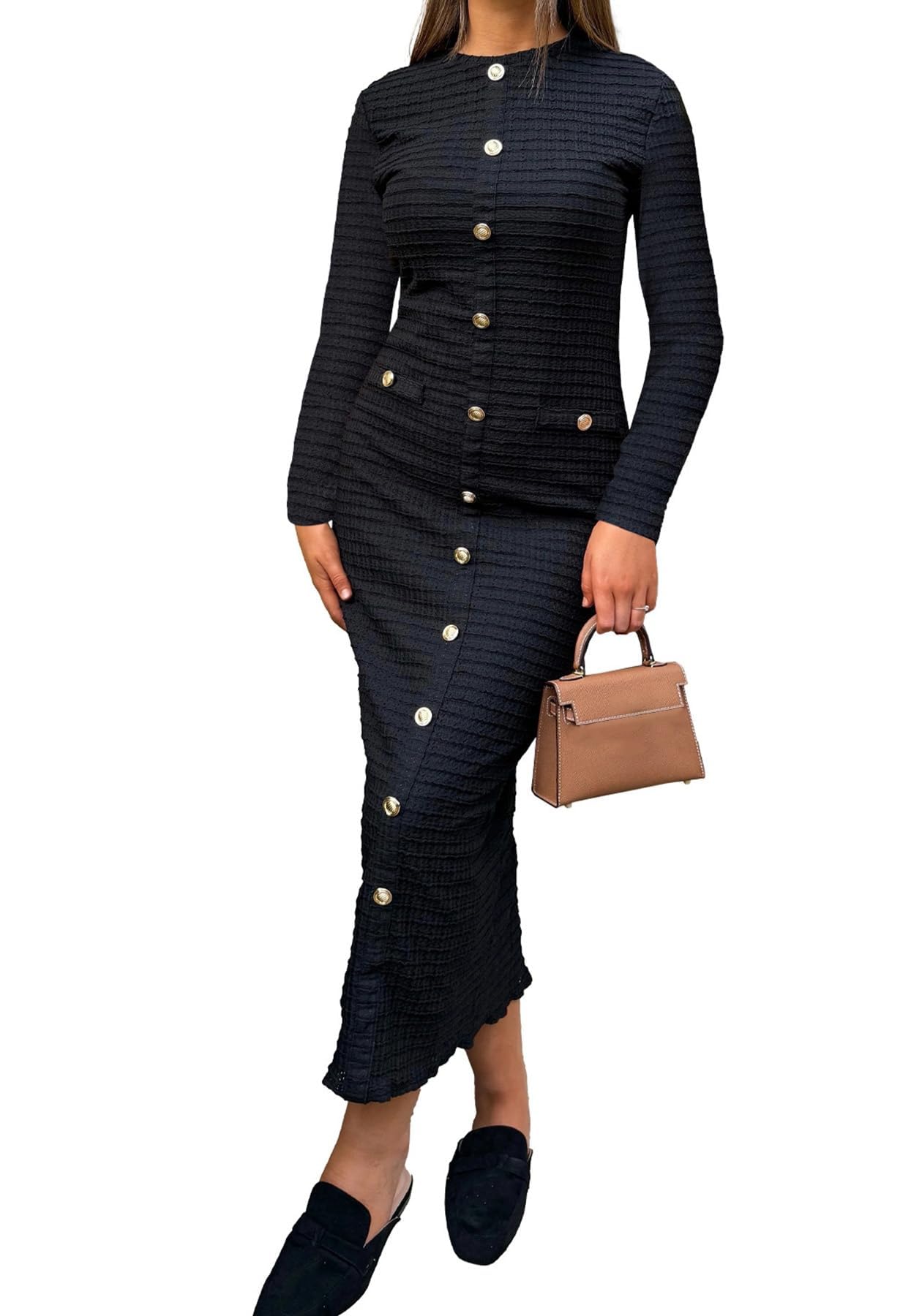 Unybwonn Women Bodycon Pleated Knit Maxi Dress Long Sleeve Crew Neck Ribbed Elegant Sweater Dress Single Breasted Dresses