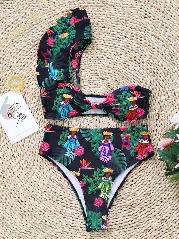 One-Shoulder Falbala High-Waisted Bikini Swimwear
