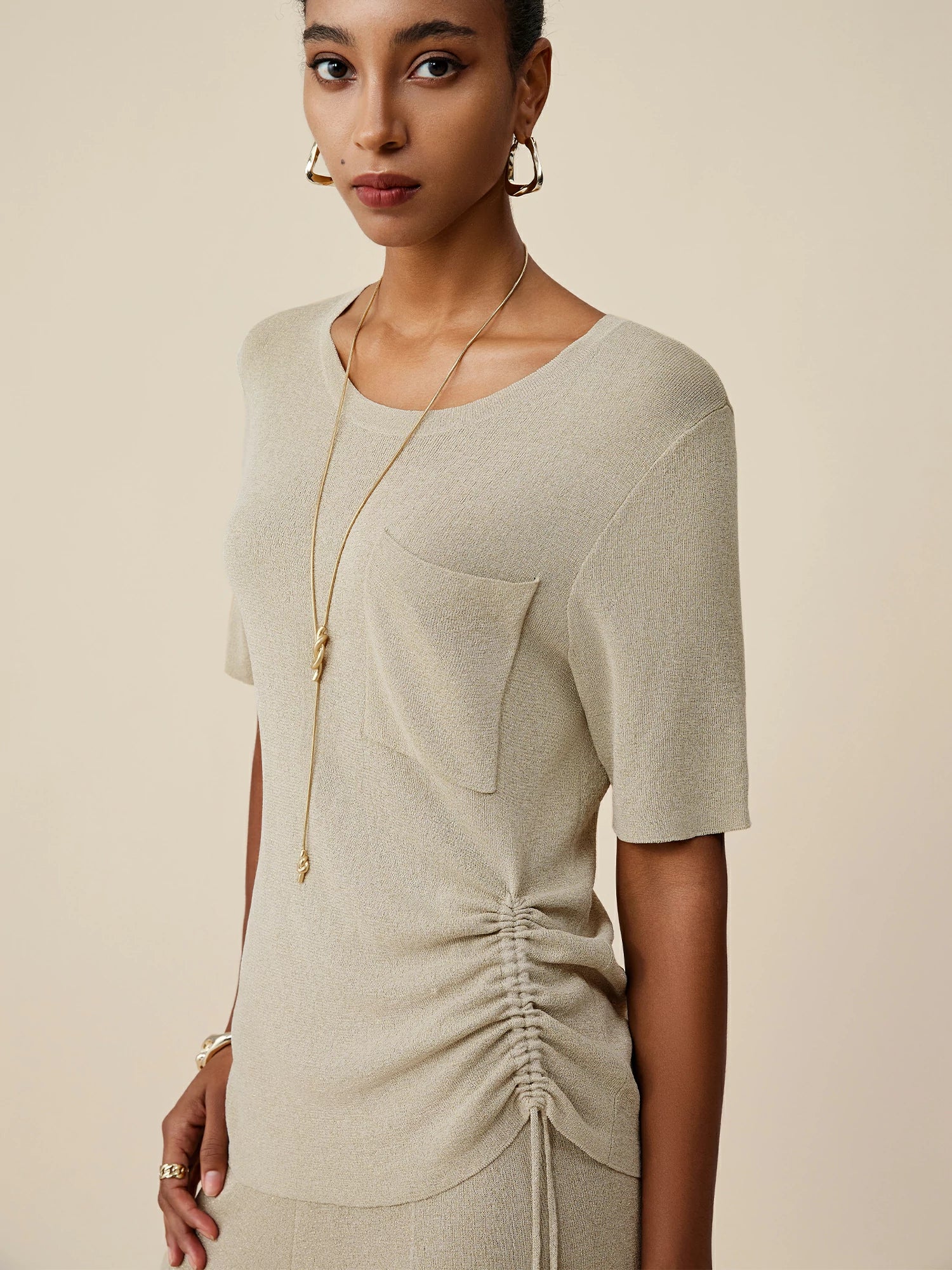 Round Neck Short Sleeve Drawstring Top