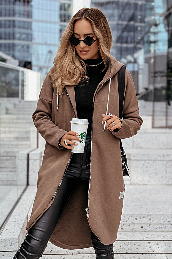 Zipper hooded casual mid length jacket
