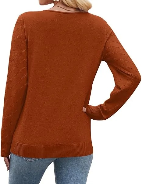 V-Neck Knit Sweater for Women - Apricot Basic Fitted Minimalist Crochet Details Breathable Lightweight Pullover Top