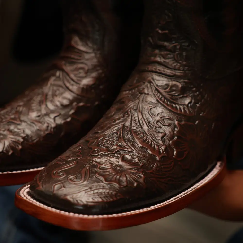 Cinnamon Brown Hand-Tooled Leather Boots — Square Toe