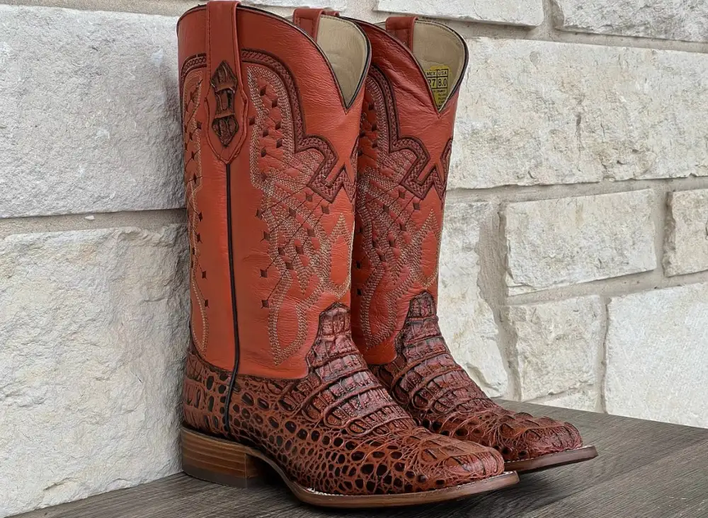 Men’s Cognac Crocodile Horn-Back Leather Boots With Orange Shaft