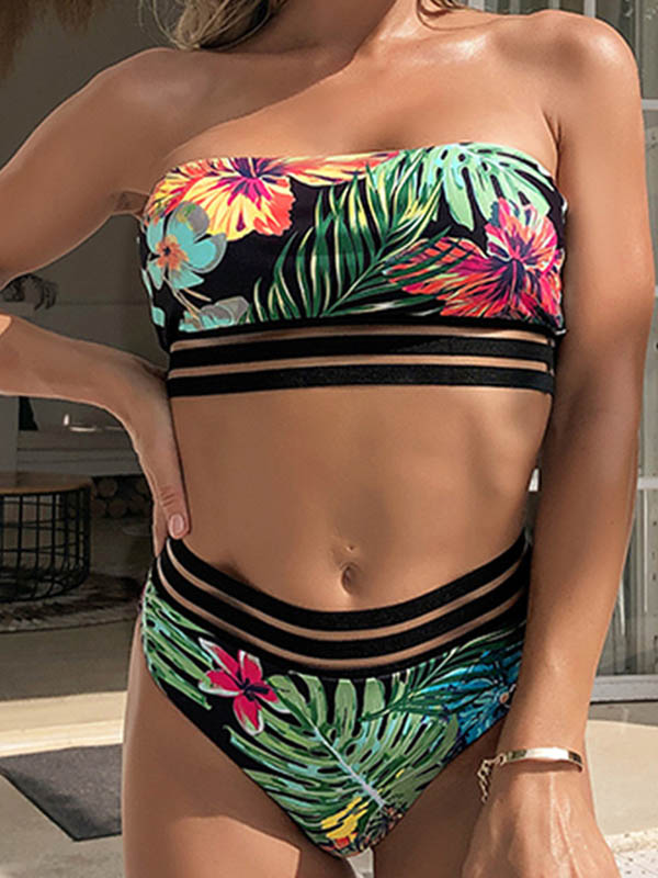 Floral Split-Joint Padded Bandeau High-Waisted Bikini Swimwear