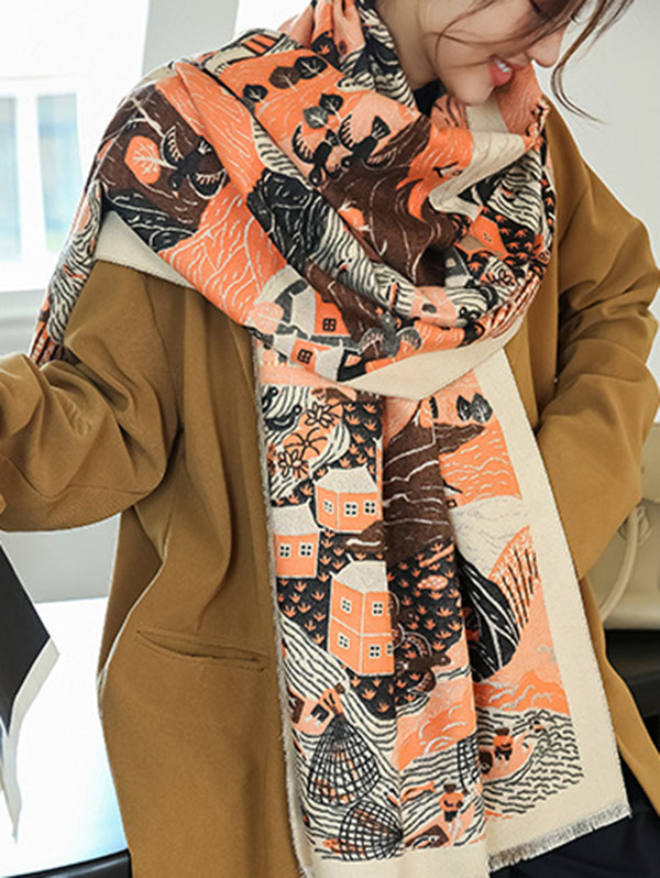 Vintage Printed Tasseled Shawl&Scarf