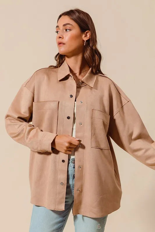 Faux Sued Snap Shacket with Collar and Pockets