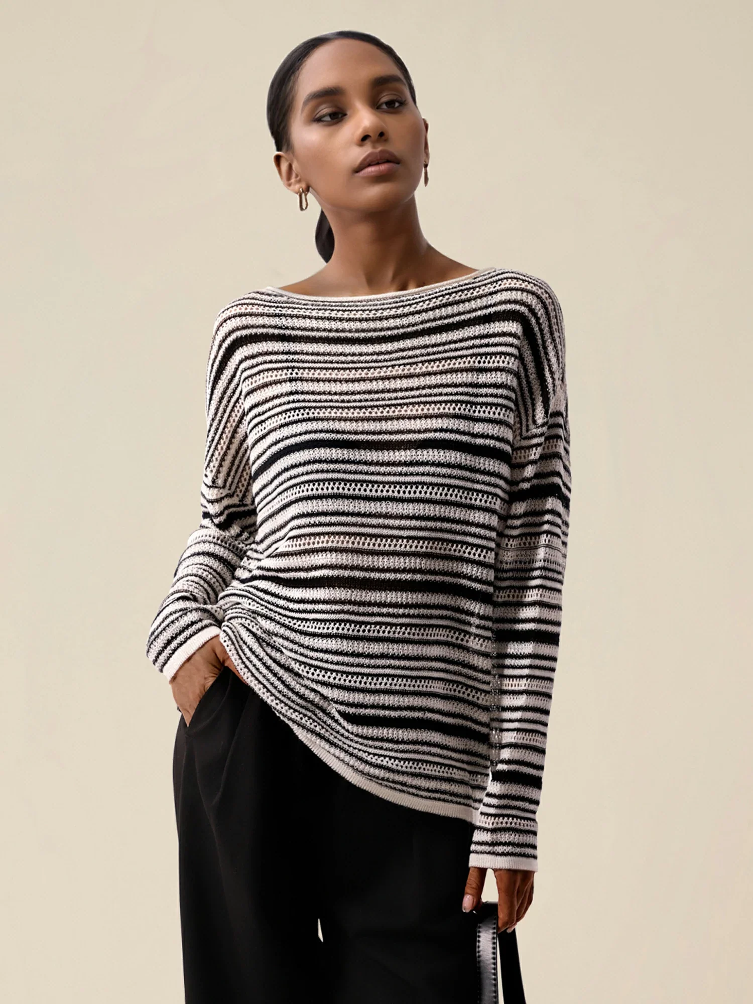 Lyocell & Silk Boat Neck Long Sleeve Striped Top