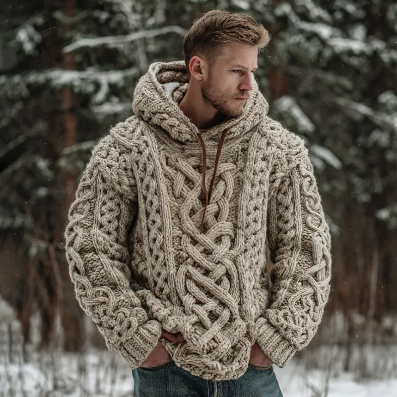 Men's Vintage Viking Celtic Knot Art Cozy Jacquard Knit Hooded Sweater