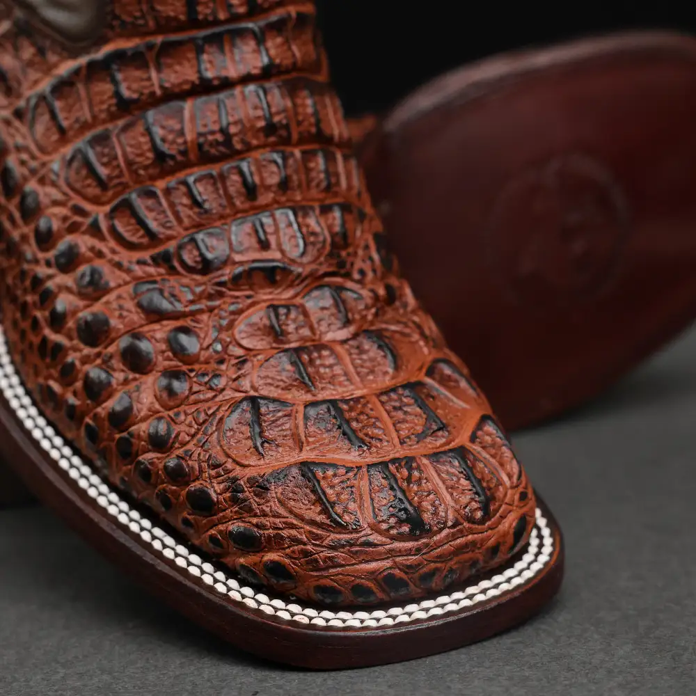 Cognac Caiman Neck Leather Boots - Square Toe