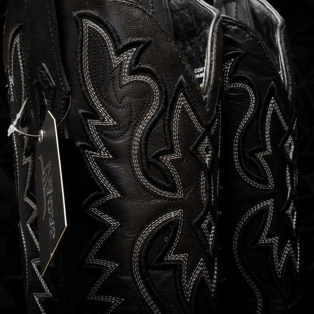 Black Caiman Neck Leather Boots - Square Toe