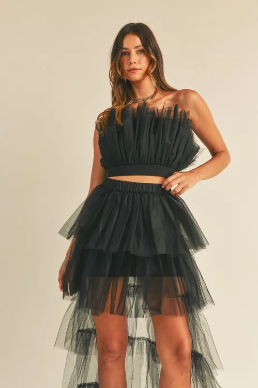 Tulle Tube Ruffle Crop Top and High Low Maxi Skirt Set