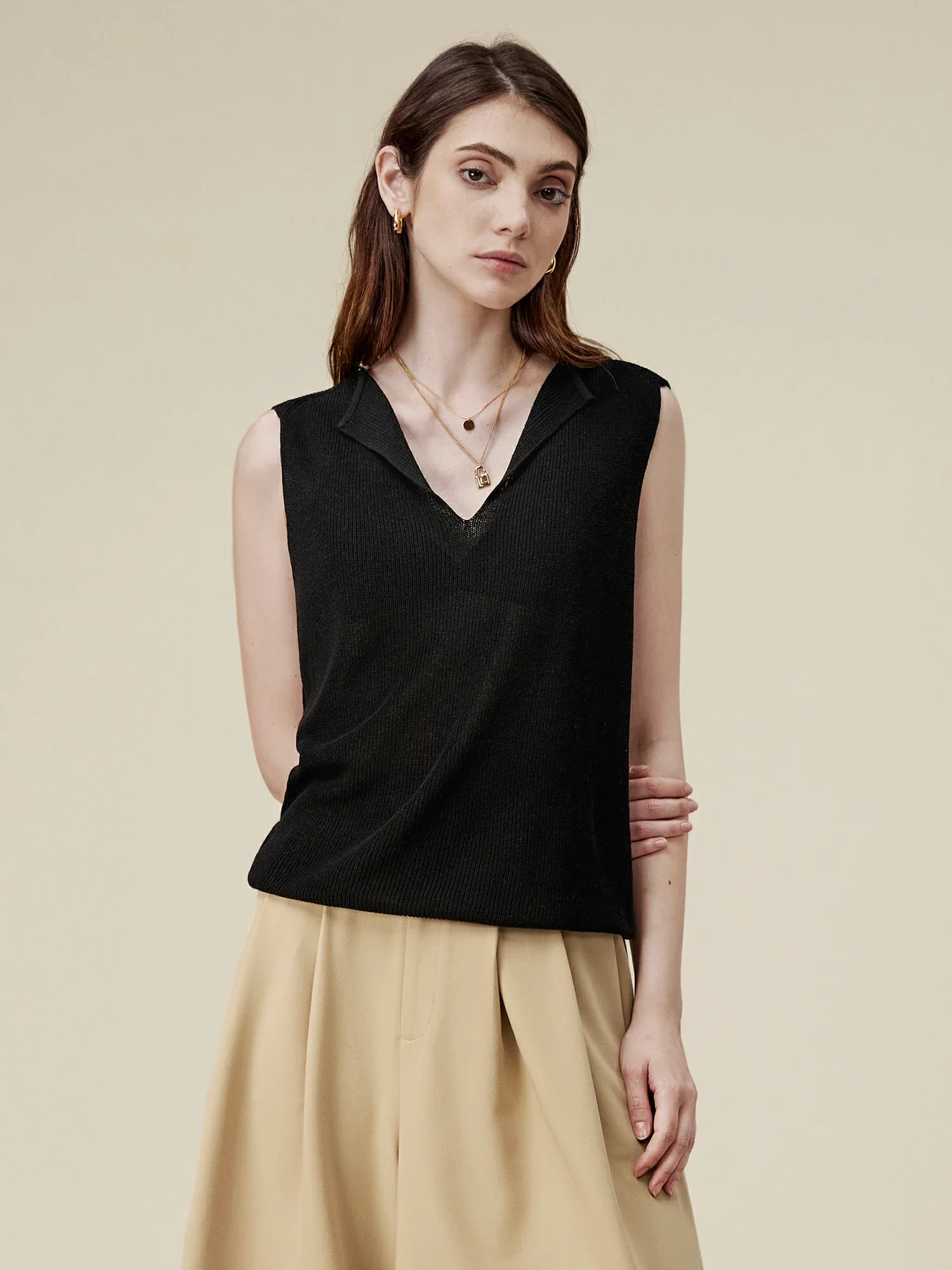 Linen & Lyocell Sleeveless Lapel Casual Tank