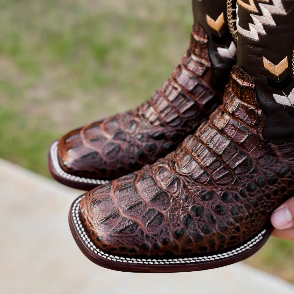 Brown Caiman Neck Leather Boots - Square Toe