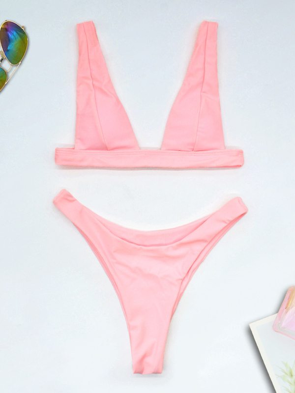 Deep V-Neck Solid Color Padded Hipster Bikini Swimwear