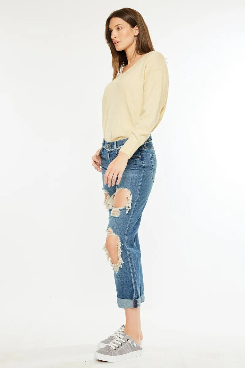 Distressed Mid Rise True Boyfriend Jeans