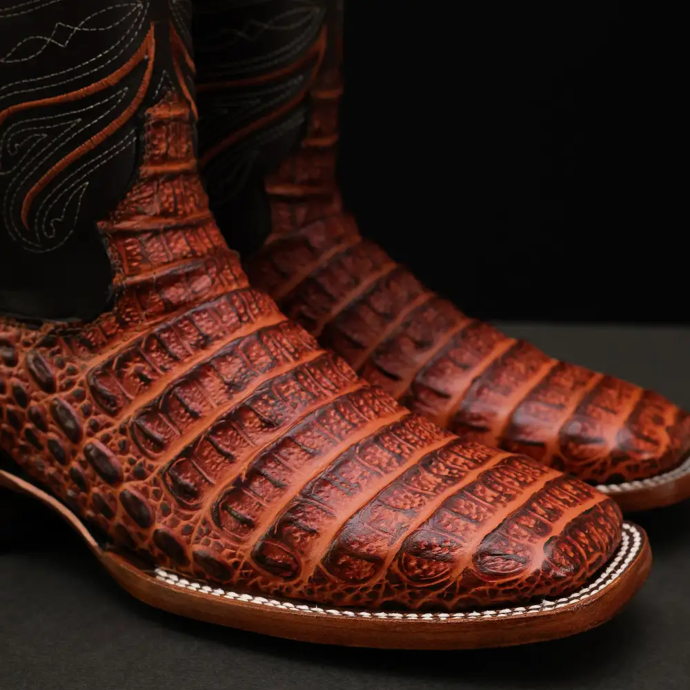 Cognac Caiman Back Leather Boots - Square Toe