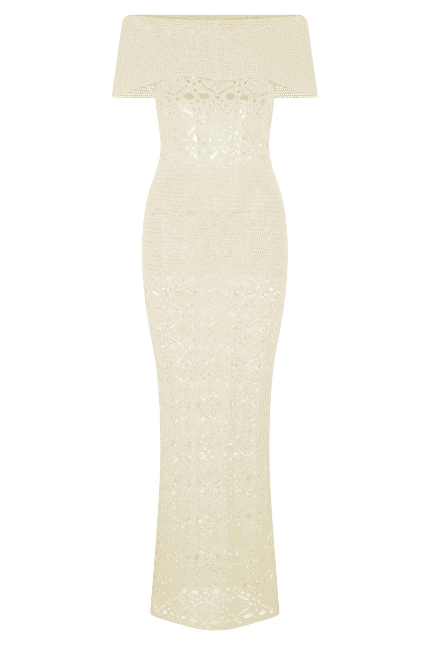 Ivory Off Shoulder Crochet Knit Maxi Dress