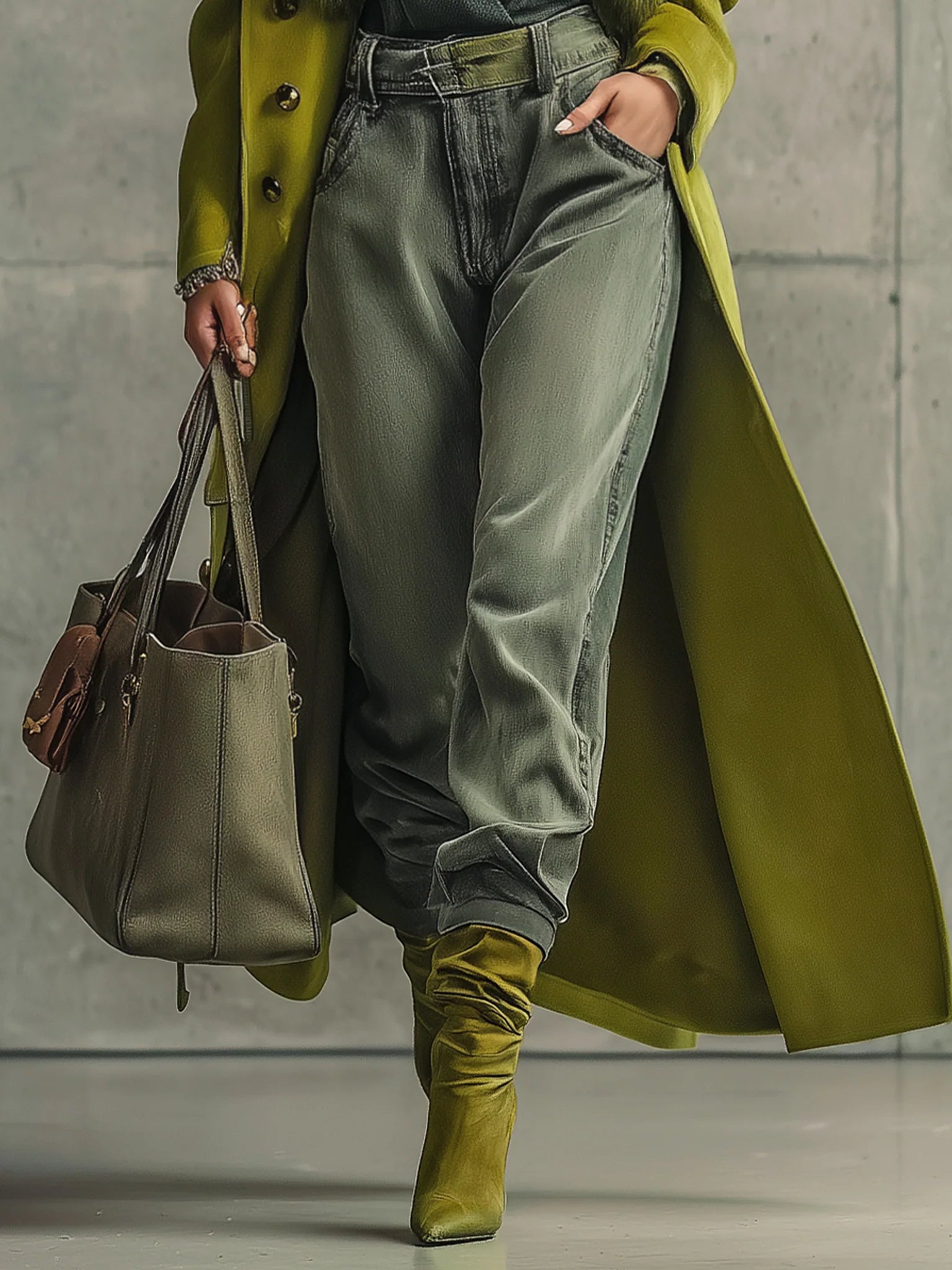 Green Wool Blend Fur Collar Coat