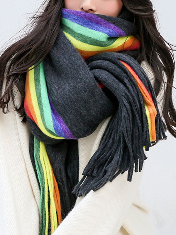Contrast Color Keep Warm Multi-Colored Tasseled Scarf
