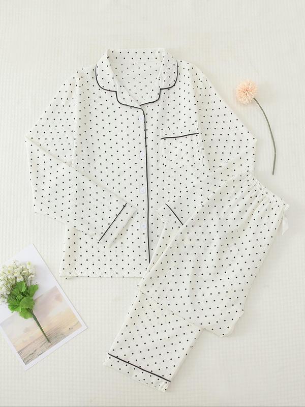 Women's Button Front Blouse & Bow Front Contrast Binding Pants Pyjama Set, Casual Long Sleeve Lapel Top & Trousers, Summer Outfits 2024, Sleepwear for Spring & Fall, National Day Offers
