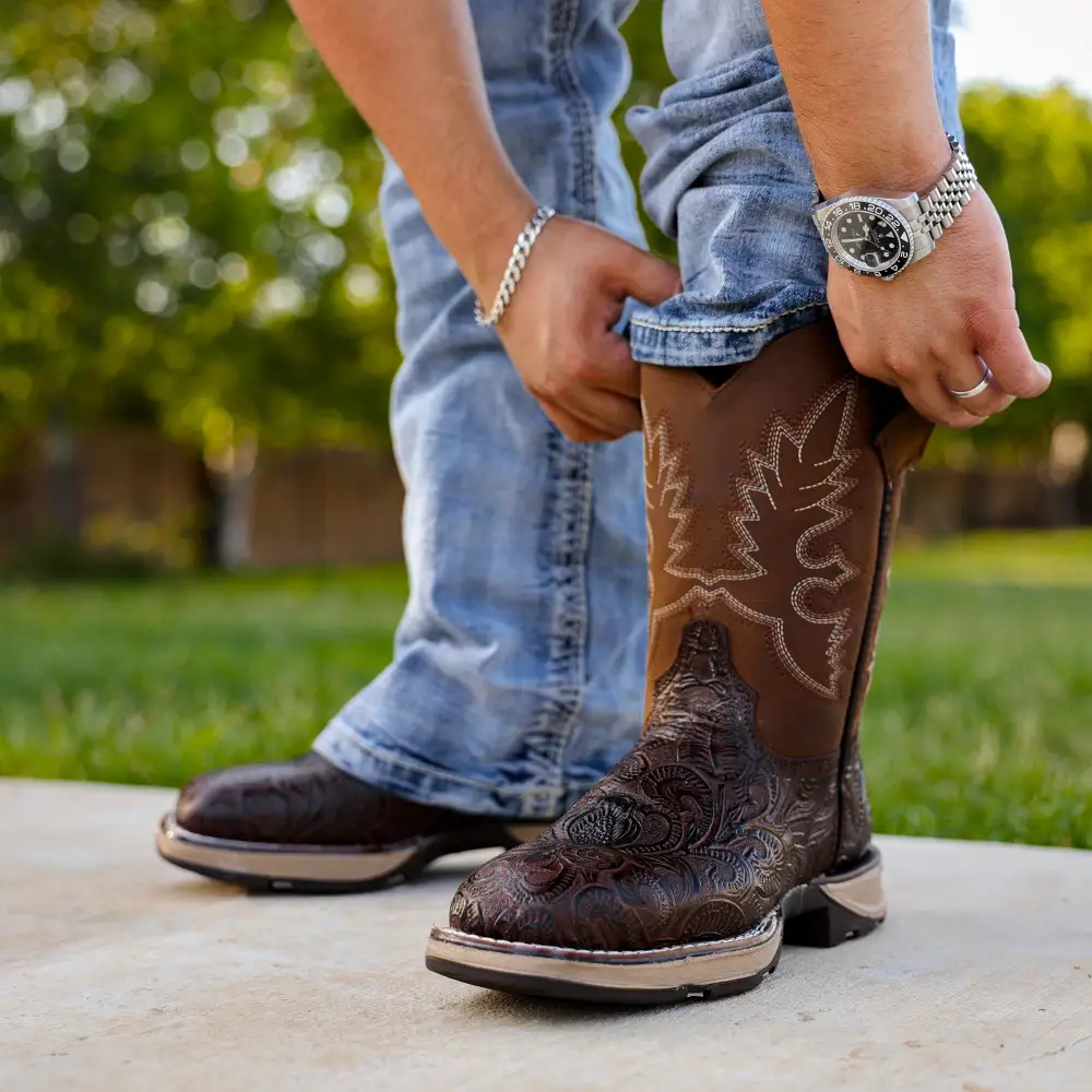 TBR Brown Hand-Tooled Leather Boots With 3D Lightweight Sole - Composite Toe