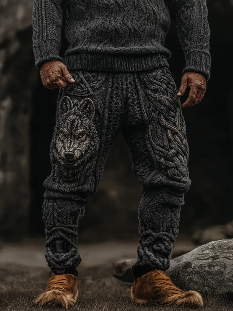 Men's Vintage Viking Wolf Celtic Knot Cozy Chunky Knit Sweatpants
