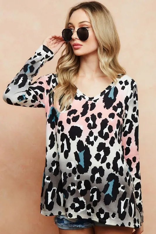 Gradation Leopard Print Soft Knit Deep U Neck Top
