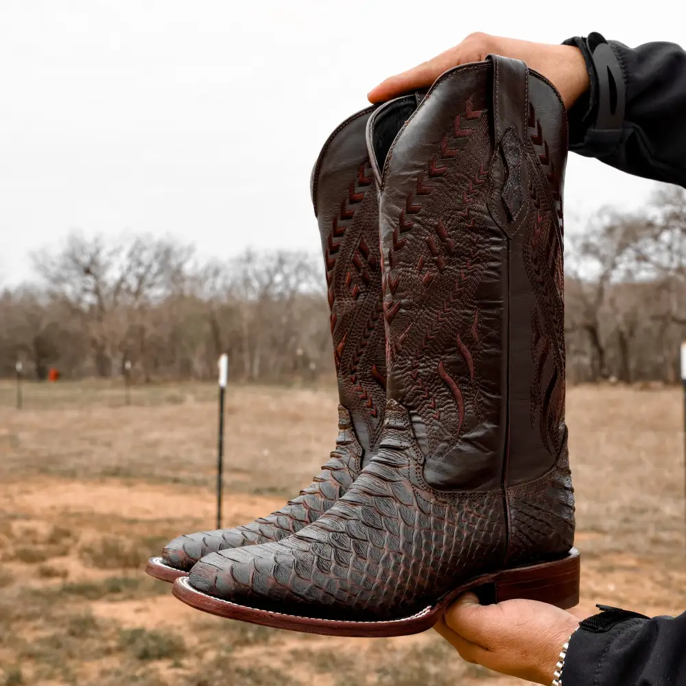 Matte Brown Python Leather Boots - Square Toe