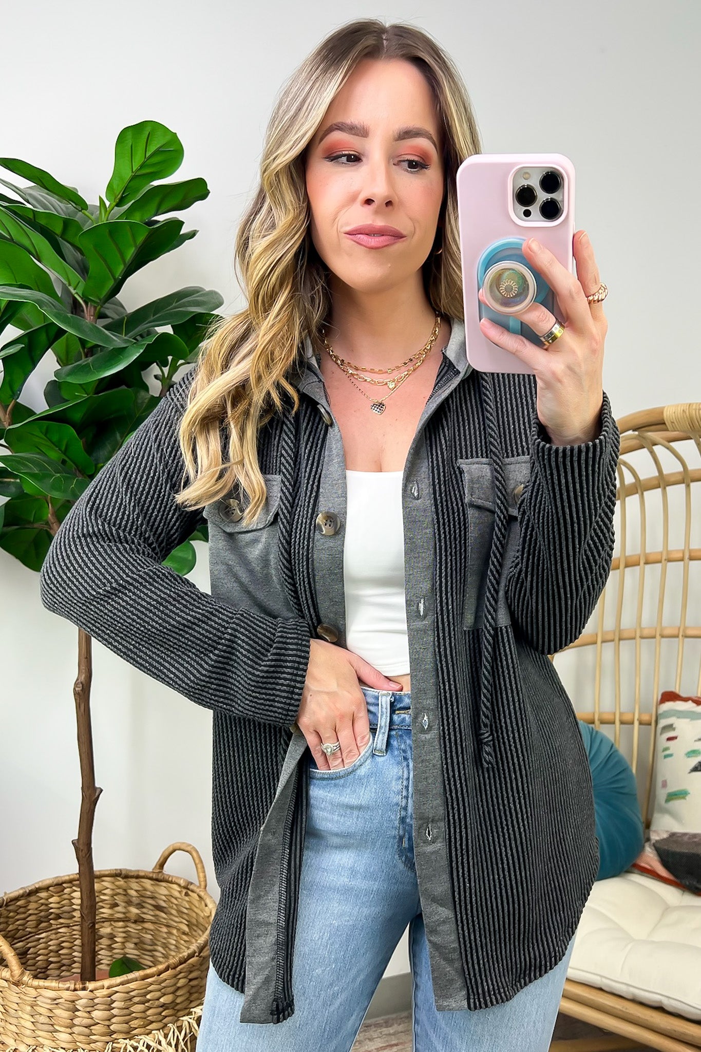 Saturday Satisfaction Ribbed Hooded Shacket