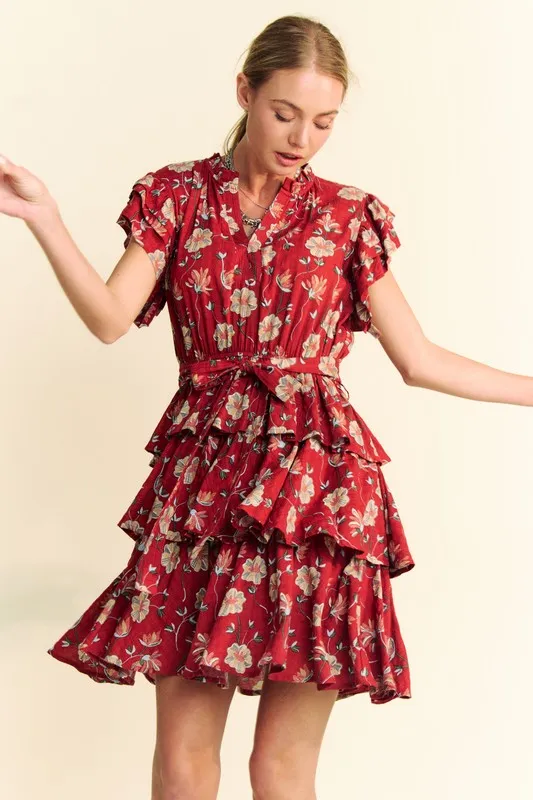 Ruffle Flutter Sleeve Tie Belt Tiered Mini Dress