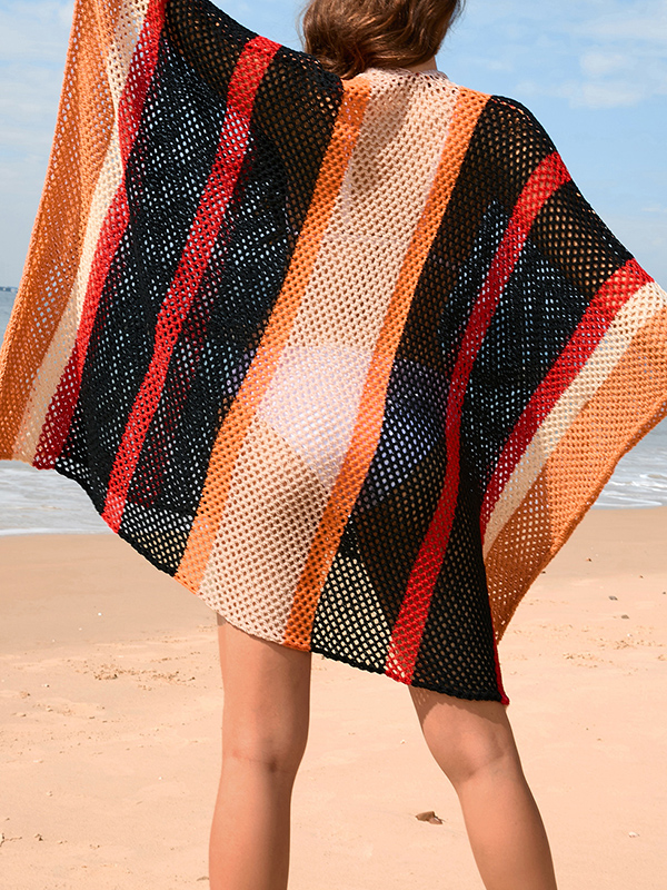 Hollow Striped Sun Protection Batwing Sleeves Loose V-Neck Beach Cover-Up