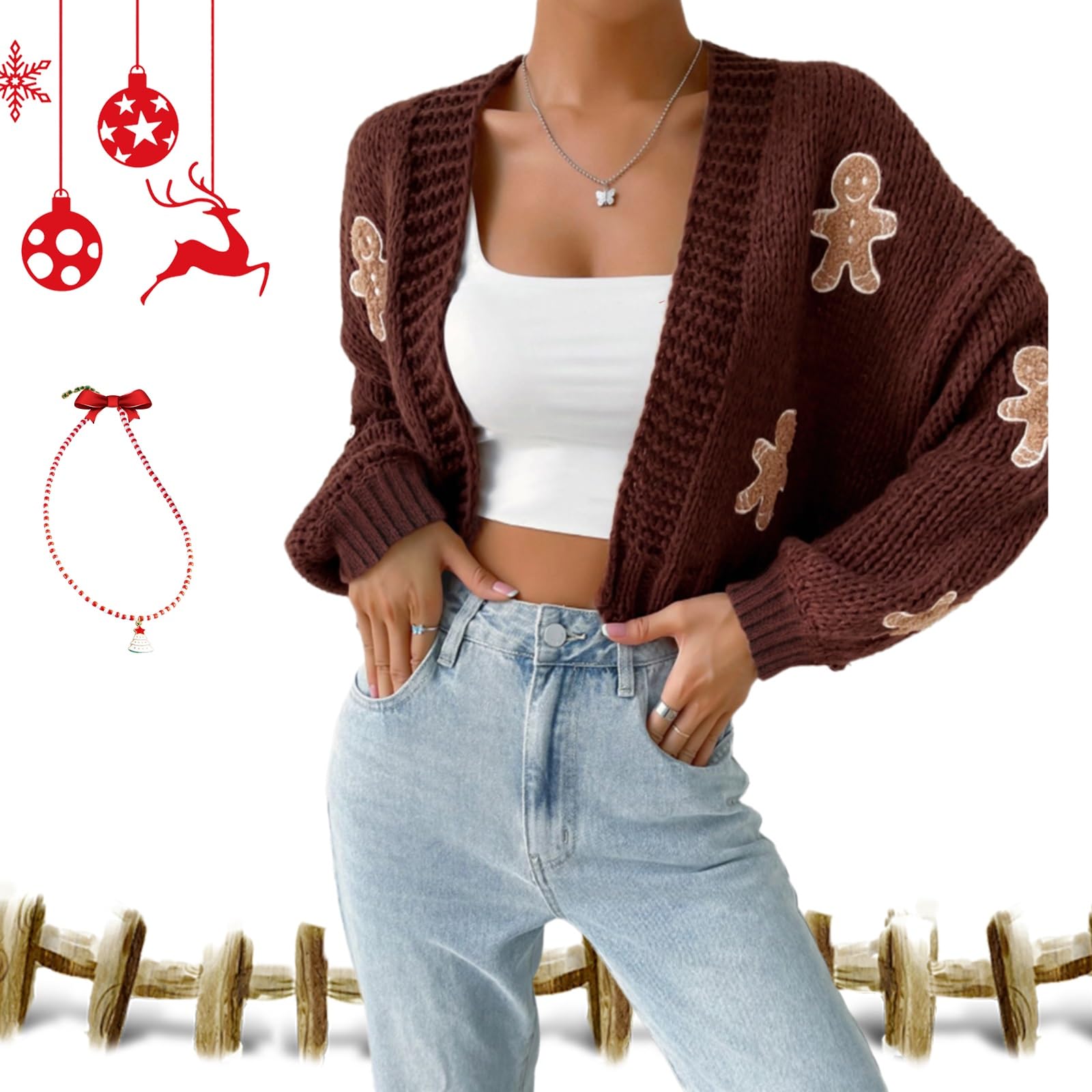 Women's Gingerbread Sweater Cartoon Drop Shoulder Cropped Christmas Cardigan