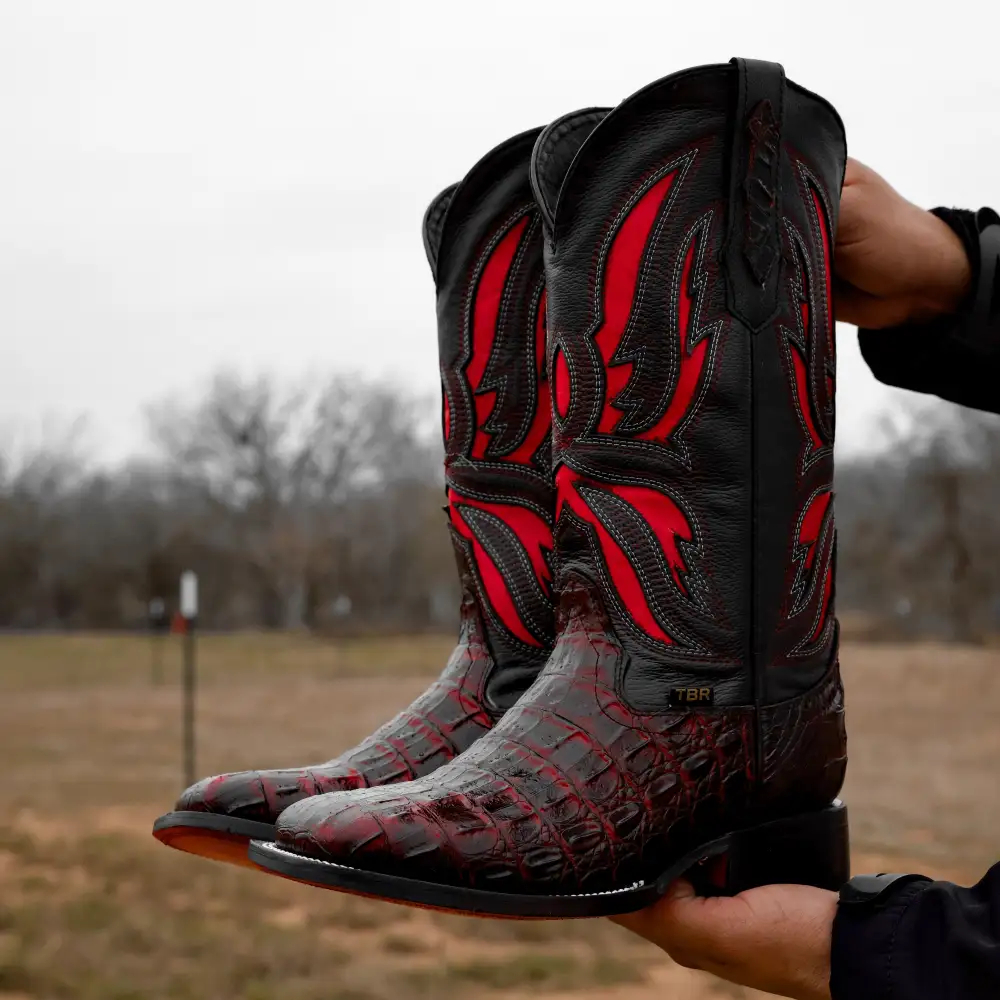Black Cherry Caiman Hornback Leather Boots - Square Toe