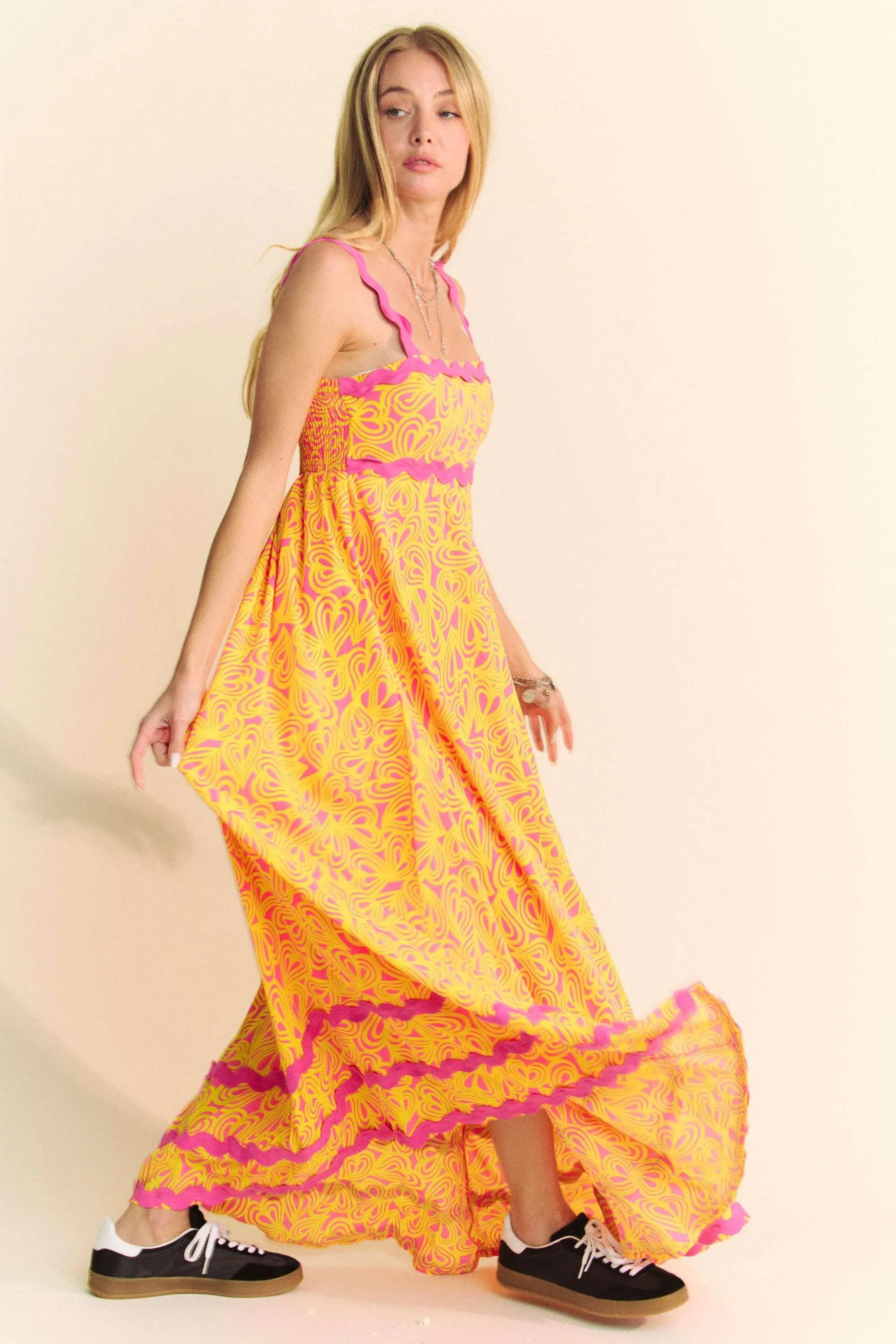 Geo 2 Tone Printed Wavi Trim Tiered Maxi Dress
