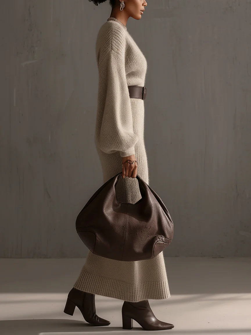 Beige Mohair V-neck Lantern Sleeve Belted Waist Dress