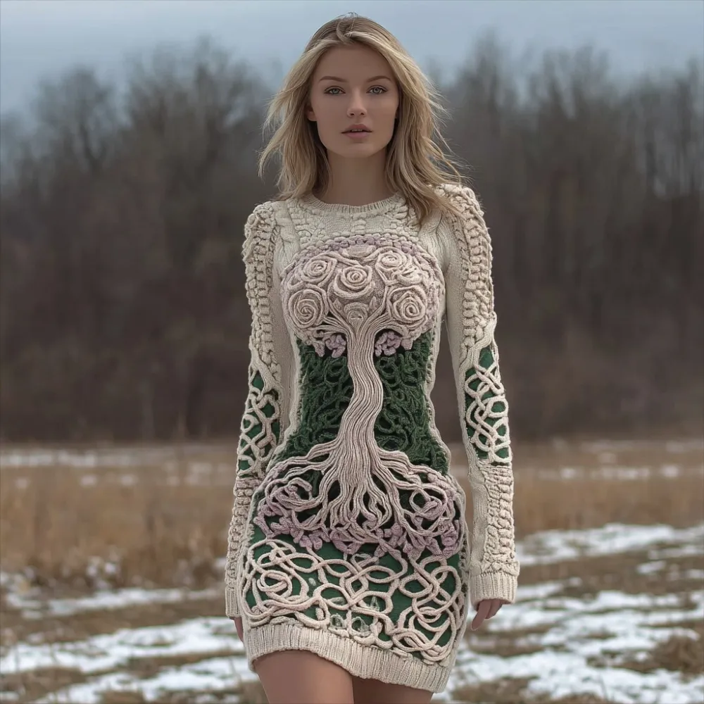 Viking Tree Of Life Pattern Vintage Mini Sweater Dress