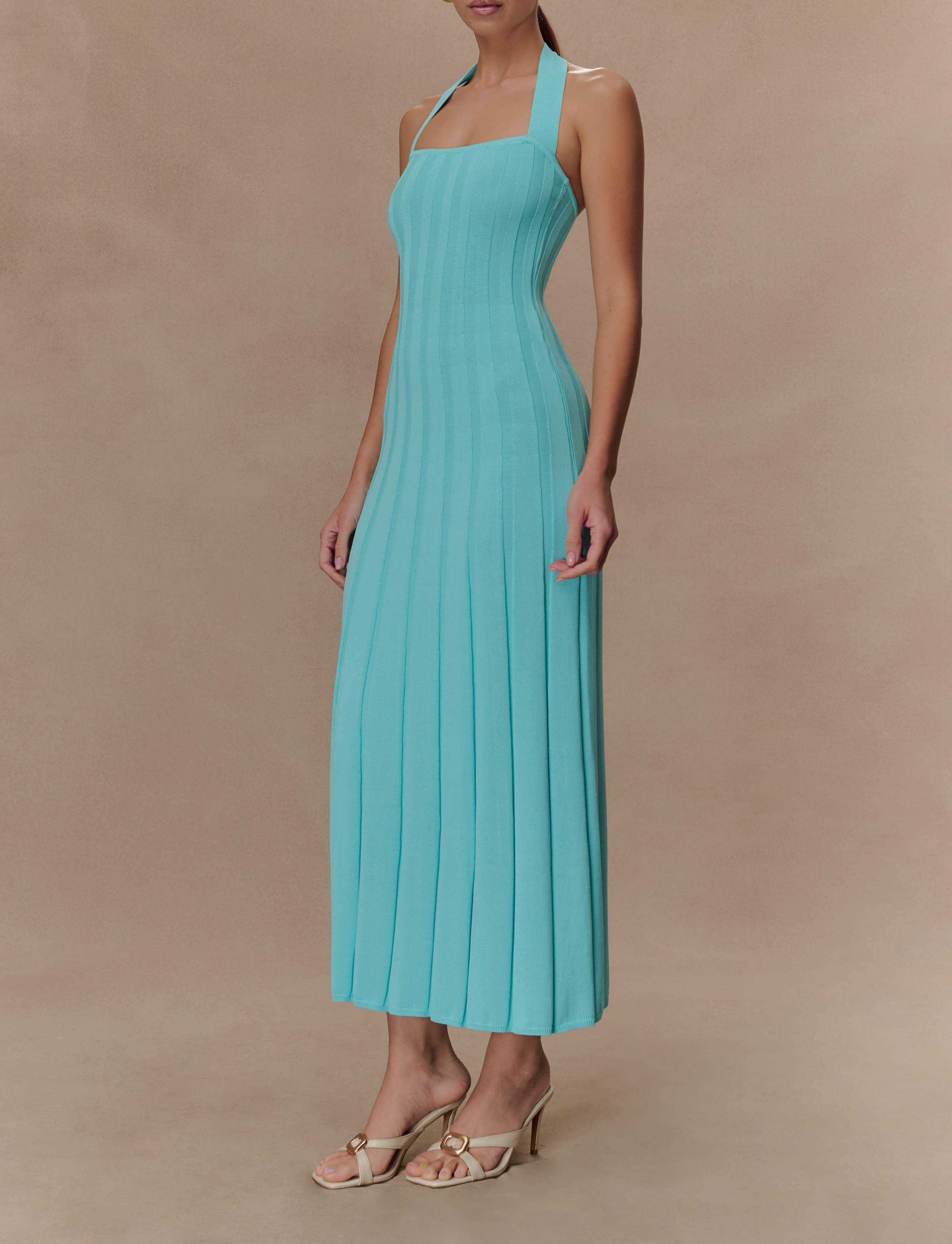 Blue Halter Knit Midi Dress