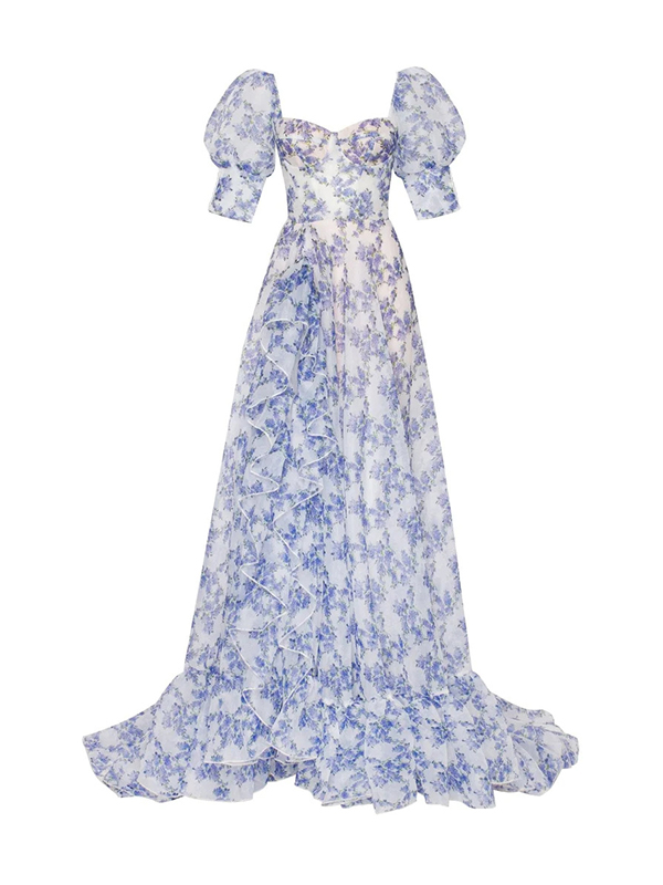 Flower Printed Puffled Short Sleeves Split-Side One-Shoulder Evening Gauze Maxi Dresses