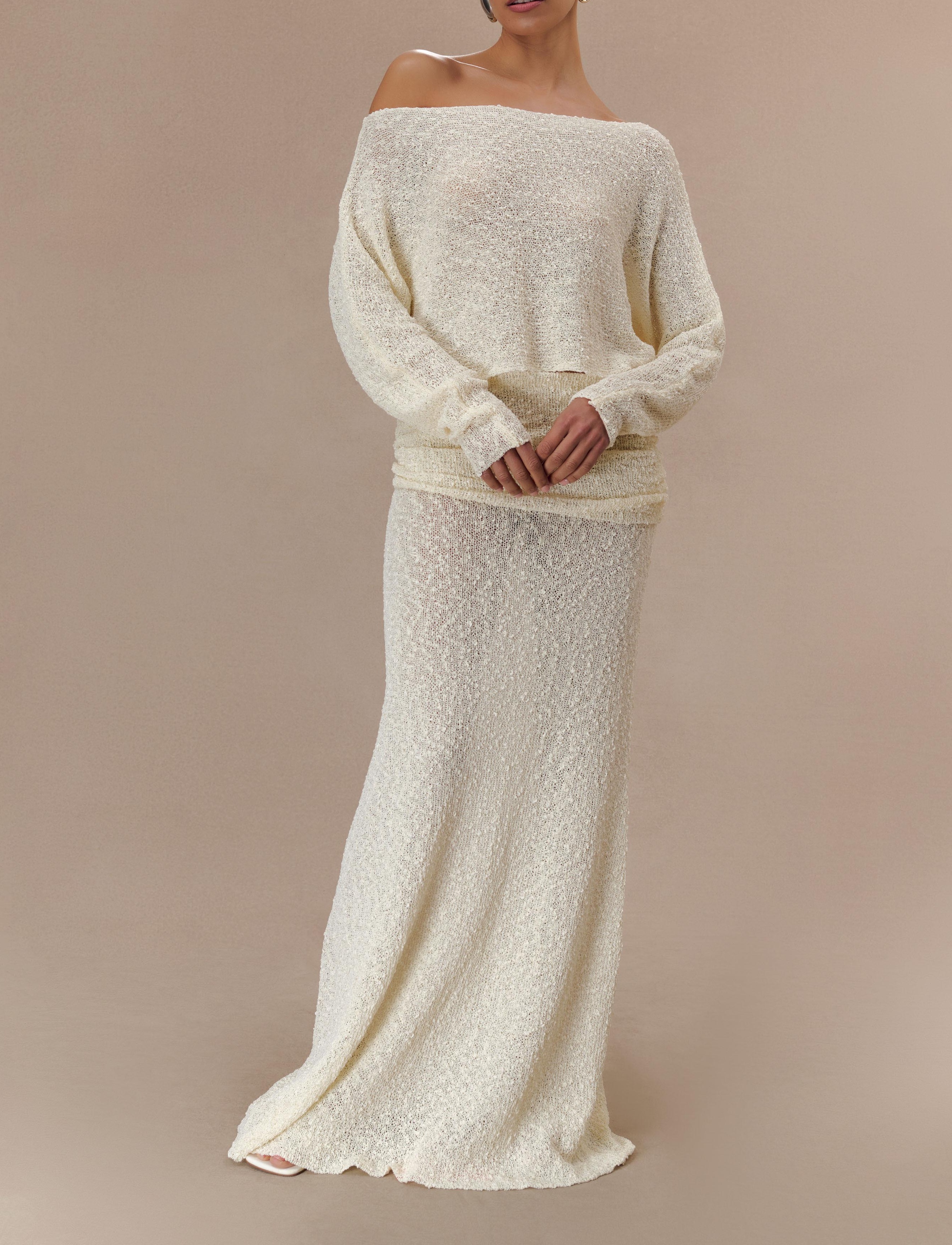 Ivory Ruched Knit Maxi Skirt