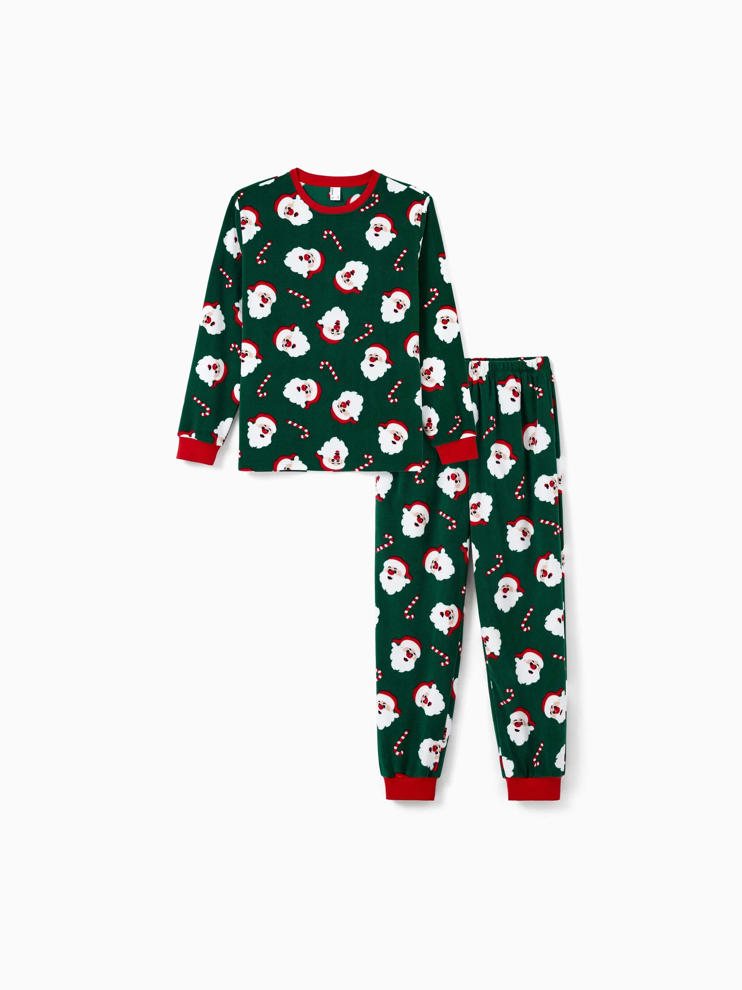 Christmas Matching Family Fleece Pajamas Set Santa Claus and Candy Cane Print PJS with Christmas Socks Dark Green