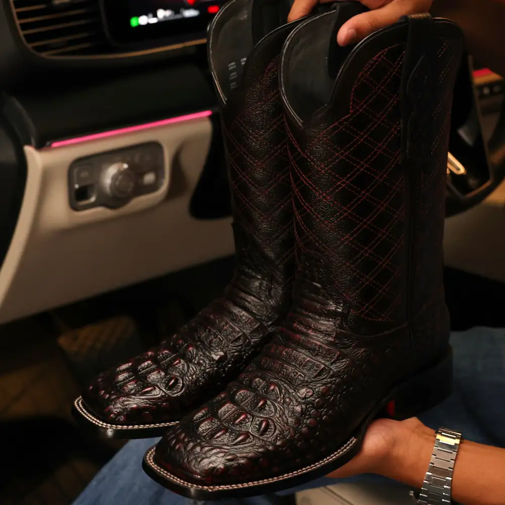 Black Cherry Caiman Neck Leather Boots - Square Toe