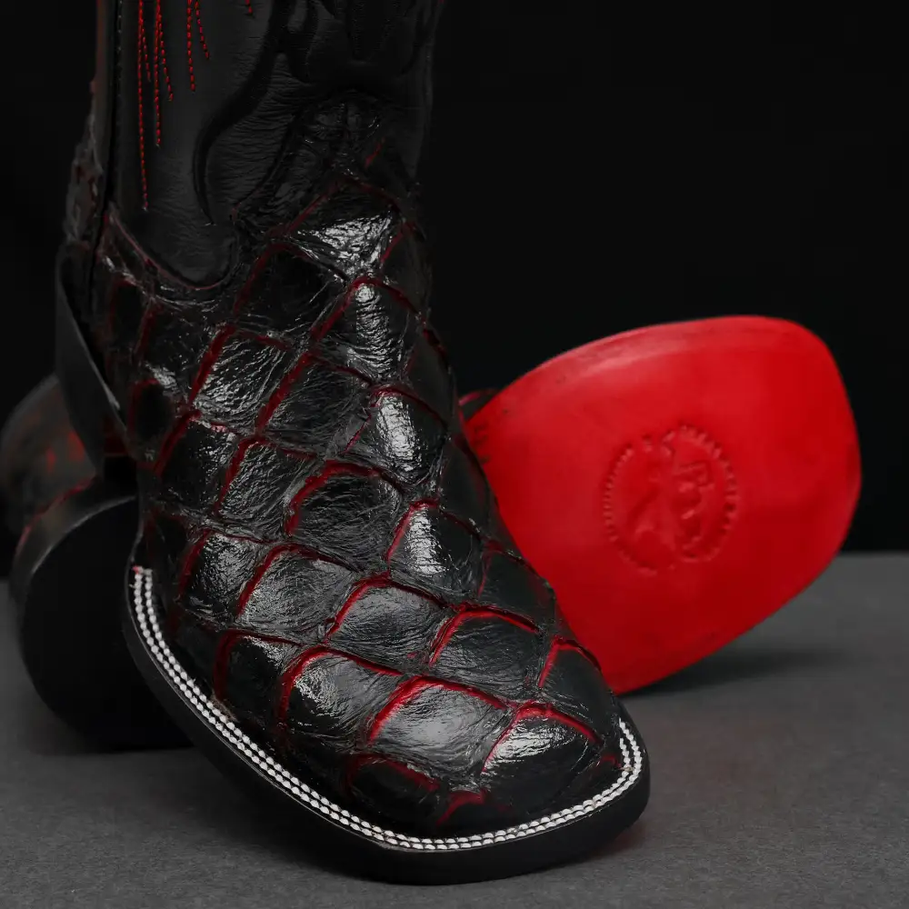 Black/Red TBR Pirarucu Leather Boots - Square Toe