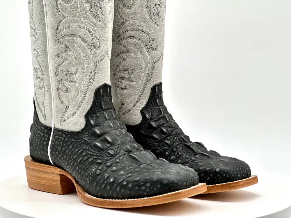Men’s Black Rustic Caimán Leather Boots With Pearl White Shaft