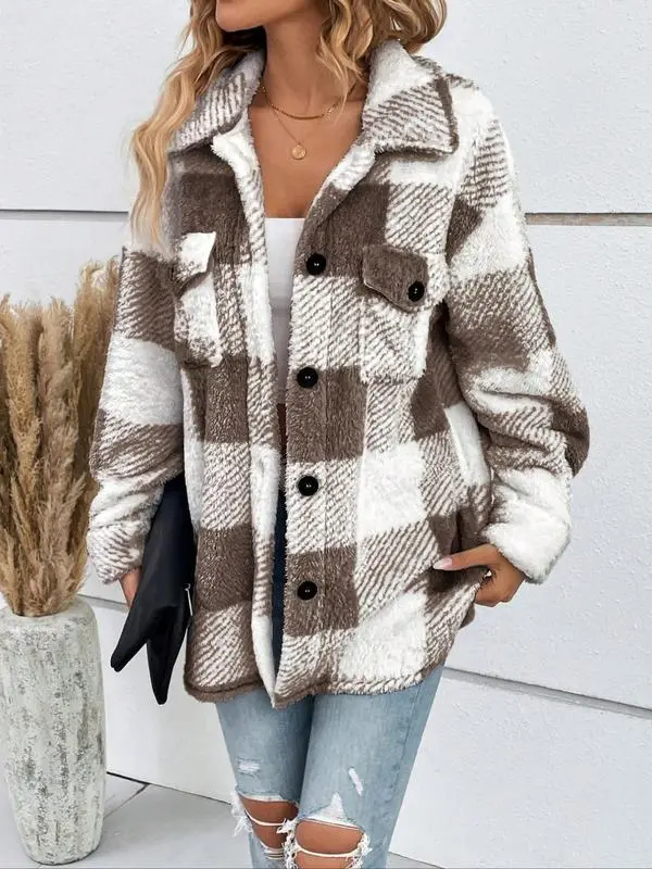 Women's Plaid Print Button Front Fuzzy Coat Plaid Jacket, Casual Drop Shoulder Long Sleeve Collared Outerwear for Fall & Winter, Ladies Clothes for Daily Wear